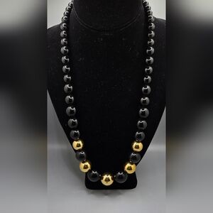 AKI Acrylic Necklace Graduated Balls Black & Gold Color 24" Long